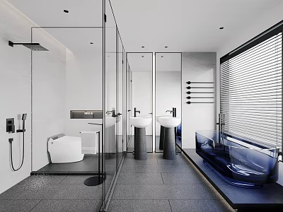 Modern Bathroom Interior Design With Glass Shower White Toilet Double Sinks And Blue Bathtub 3d model