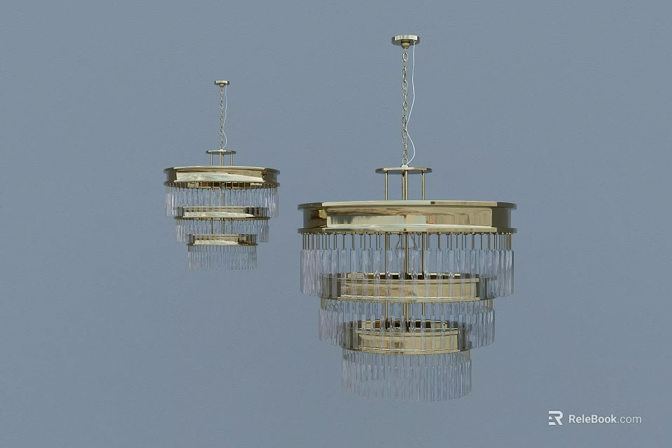 Pair of Golden Circular Layered Fringed Chandeliers Hanging In Simple Design 3d model 