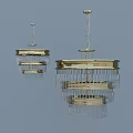 Pair of Golden Circular Layered Fringed Chandeliers Hanging In Simple Design
