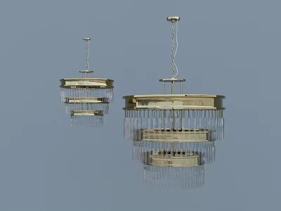 Pair of Golden Circular Layered Fringed Chandeliers Hanging In Simple Design 3d model