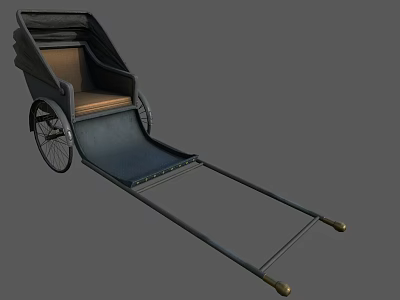 Traditional Vintage Rickshaw With Wooden Seat Black Canopy And Spoked Wheels 3d model