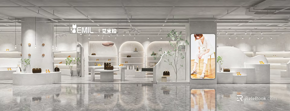 EMIL Shoes And Bags Store Interior With White Shelves Mannequin Display And Green Plants 3d model 