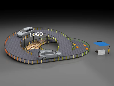 Circular Road Facility With Cars Yellow Guardrails LOGO Area And Blue Canopy 3d model