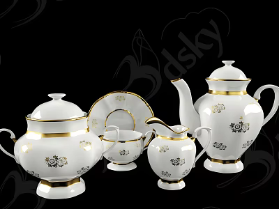 Elegant White Ceramic Tea Set With Gold Trim And Black Floral Patterns 3d model