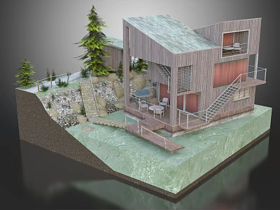 Cartoon Scene Of Modern Hillside House With Trees Swimming Pool And Patio Steps 3d model