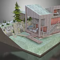 Cartoon Scene Of Modern Hillside House With Trees Swimming Pool And Patio Steps