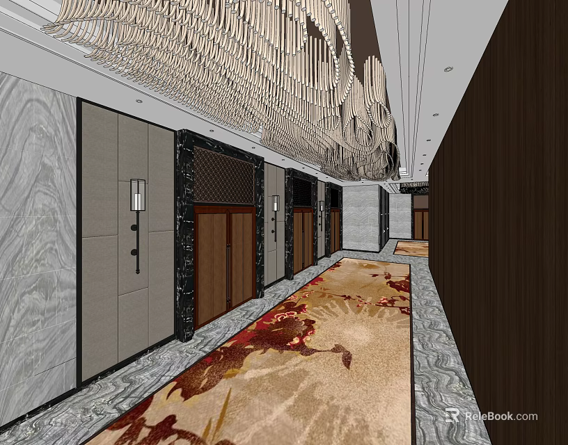Luxurious Elevator Hallway Interior With Marble Walls Decorative Carpet And Wooden Doors 3d model 