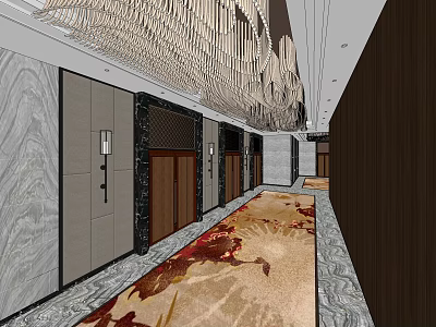 Luxurious Elevator Hallway Interior With Marble Walls Decorative Carpet And Wooden Doors 3d model