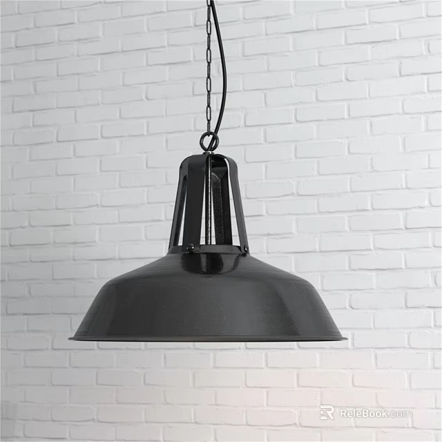 Black Metal Industrial Pendant Light Hanging Over White Brick Wall Interior 3d model 