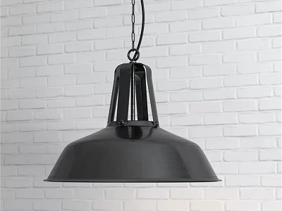 Black Metal Industrial Pendant Light Hanging Over White Brick Wall Interior 3d model