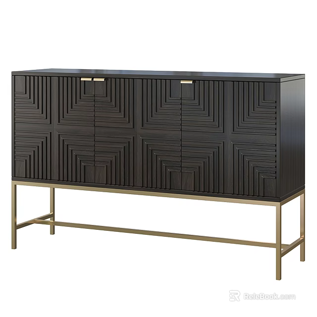 Modern Dark Wood Console Cabinet With Geometric Patterned Doors And Gold Metal Legs 3d model 