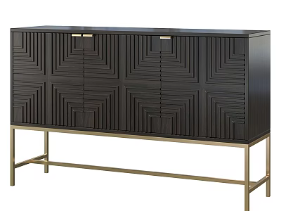 Modern Dark Wood Console Cabinet With Geometric Patterned Doors And Gold Metal Legs 3d model