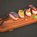 Assorted Fresh Sushi Pieces On Bamboo Tray With Chopsticks And Garnishes