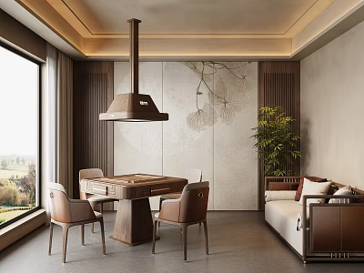 Elegant Hotel Mahjong Room Interior With Mahjong Table Chairs Sofa And Scenic Window 3d model