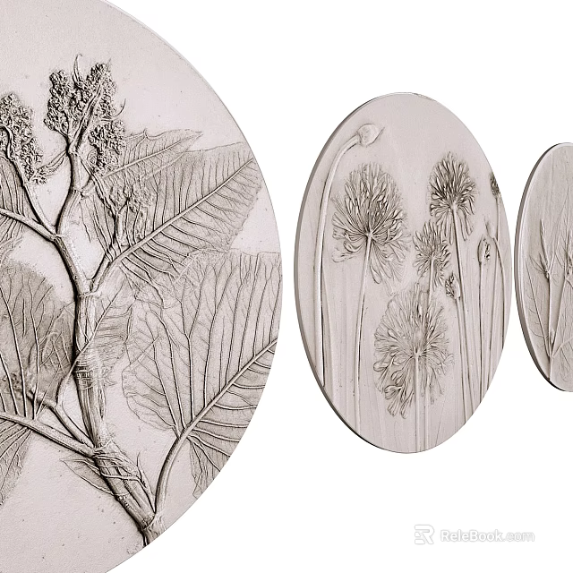 Oval Shaped Light Colored Wall Decor With Plant Reliefs Leaves And Flowers 3d model 