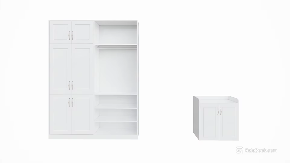 White Wardrobe With Modern Design Multiple Cabinets And Open Storage Shelves 3d model 