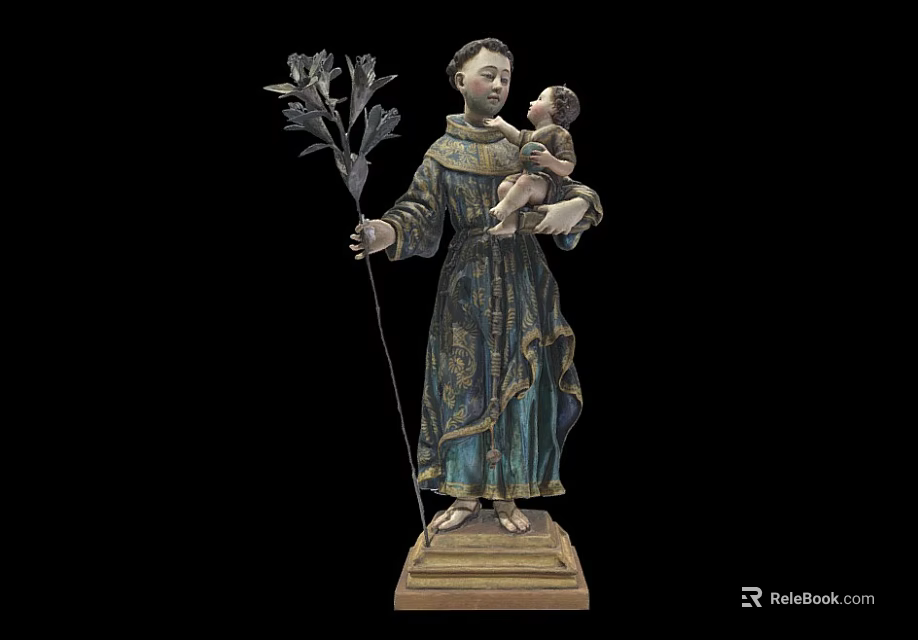 Religious Sculpture Carving Figure Holding Child With Flower Staff Blue Gold Details Wooden Base 3d model 