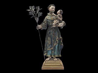 Religious Sculpture Carving Figure Holding Child With Flower Staff Blue Gold Details Wooden Base 3d model