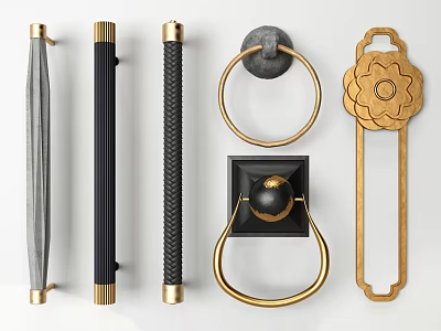 Various Stylish Door Handles with Metal Gold Black Gray Bar Ring Floral Designs 3d model