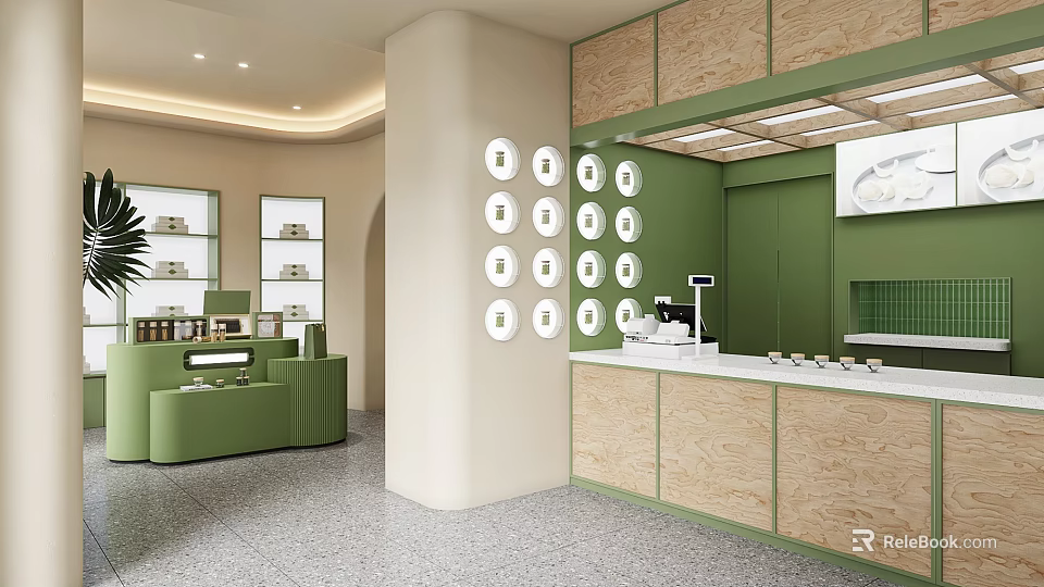 Modern Green Beige Specialty Store Interior With Counter Display Shelves Coffee Machine And Circular Decorations 3d model 