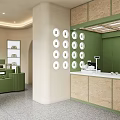 Modern Green Beige Specialty Store Interior With Counter Display Shelves Coffee Machine And Circular Decorations