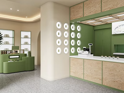 Modern Green Beige Specialty Store Interior With Counter Display Shelves Coffee Machine And Circular Decorations 3d model