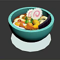 Vibrant Seafood Noodle Soup in Turquoise Bowl with Shrimp Scallop Vegetables and White Base
