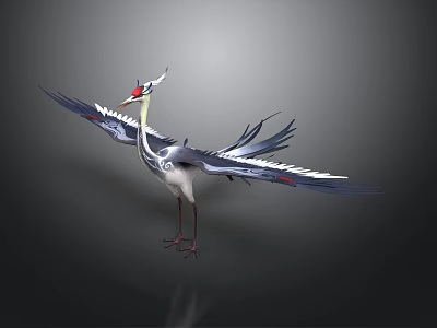 Artistic Crane With Spread Wings Red Head And Black White Feathers 3d model