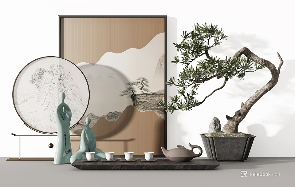 Traditional Chinese Decorative Ornament Set With Landscape Art Figure Ornaments Tea Set And Pine Bonsai 3d model 
