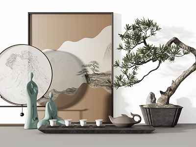 Traditional Chinese Decorative Ornament Set With Landscape Art Figure Ornaments Tea Set And Pine Bonsai 3d model