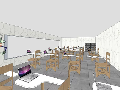 School Modern Classroom With Desks Chairs Laptops And Whiteboard Learning Space 3d model