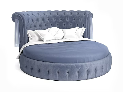 Blue Tufted Circular Double Bed With Upholstered Headboard White Pillows And Sheer Drapes 3d model