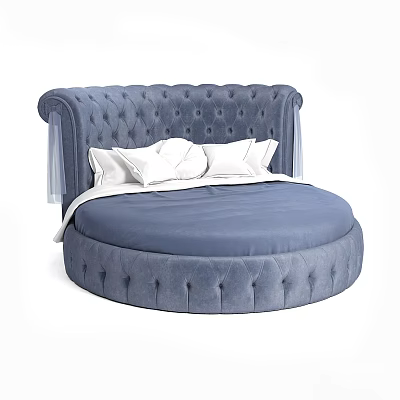 Blue Tufted Circular Double Bed With Upholstered Headboard White Pillows And Sheer Drapes 3d model