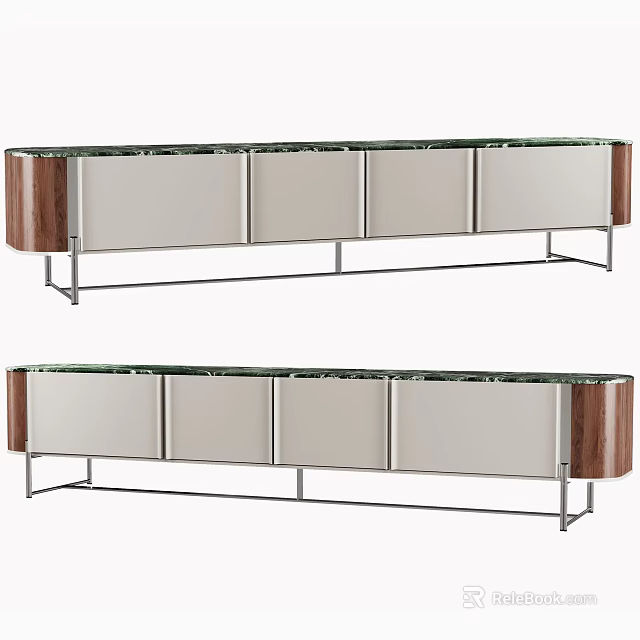 Modern Living Room TV Stand With Wooden Sides Metal Frame And Marble Top 3d model 