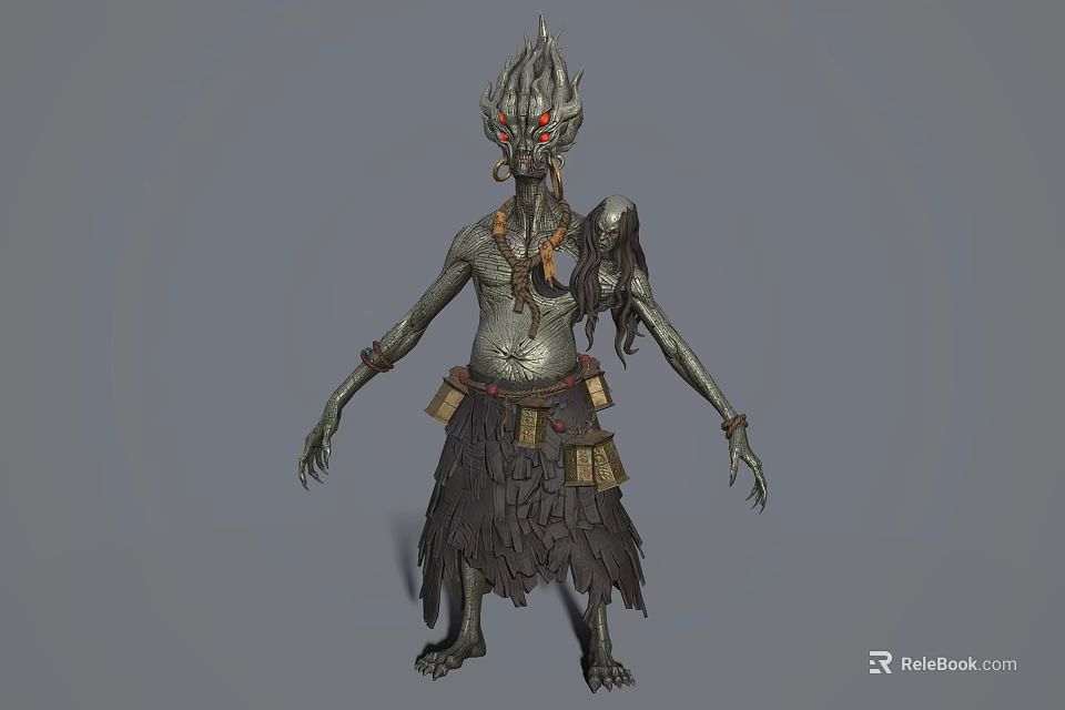 Dark Fantasy Game Movie Character With Spiked Head Red Eyes Clawed Hands And Feather Skirt 3d model 