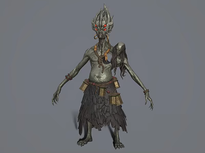 Dark Fantasy Game Movie Character With Spiked Head Red Eyes Clawed Hands And Feather Skirt 3d model