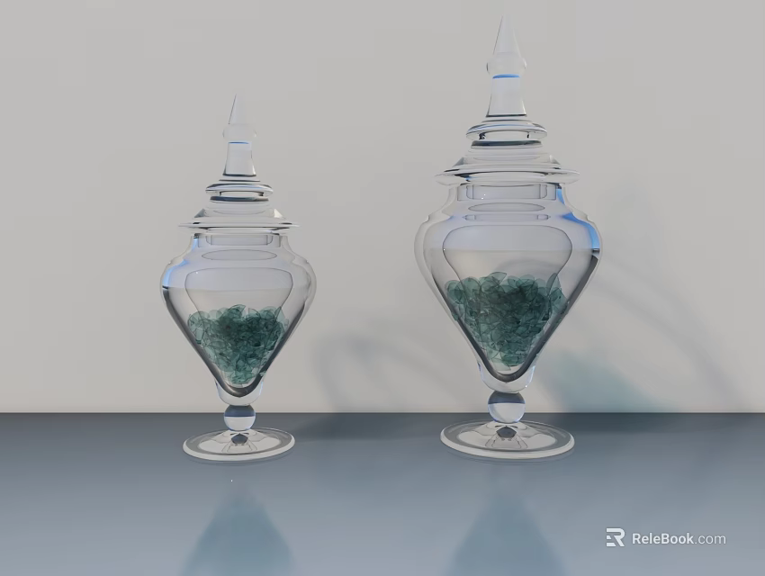 Transparent Ceramic Vessels With Lids Containing Green Granules On Smooth Surface 3d model 