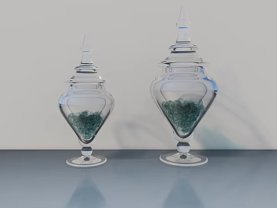 Transparent Ceramic Vessels With Lids Containing Green Granules On Smooth Surface 3d model