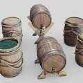 Wooden Barrels Collection Featuring Various Sizes Rope Bindings Green Interior And Stands