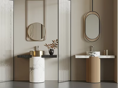 Elegant Modern Washbasins With Marble Bases Gold Faucets Round Oval Mirrors And Potted Plants 3d model