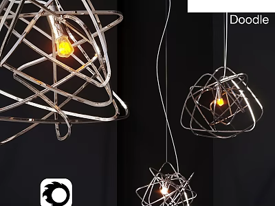 Doodle Style Modern Chandelier with Intricate Metal Wire Structure and Glowing Bulb 3d model