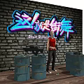 China Street Dance Model Standing By Brick Wall With Neon Sign And Blue Barrels