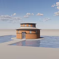 Circular Red Brick Building Standing On Water With Windows And Door Under Cloudy Sky 3d model
