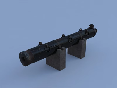 Ancient Iron Cannon Barrel With Stone Support Blocks On Blue Background 3d model