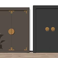 Black Solid Wood Entry Doors Featuring Gold Accents And Brass Round Lion Head Knockers