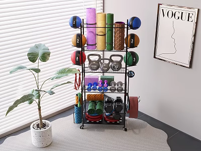 Sturdy Multi Tiered Sports Equipment Rack With Dumbbells Kettlebells Yoga Mats And Exercise Balls 3d model