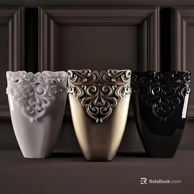Classic White Gold Black Vases With Ornate Floral Carvings In Decorative Design 3d model 