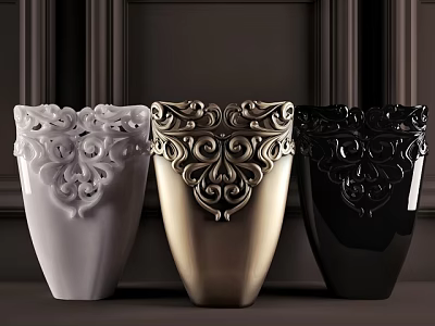 Classic White Gold Black Vases With Ornate Floral Carvings In Decorative Design 3d model