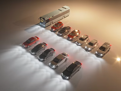 Various Colored Car Models Arranged in Arc Shape With Large Bus Nearby Illuminated by Lights 3d model