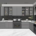 Modern Gray Kitchen Interior Design With Glass Door Cabinets And Stainless Steel Appliances